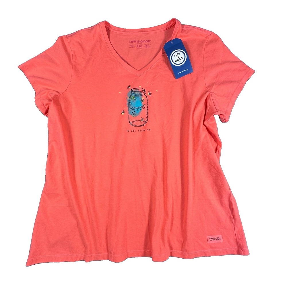 Life Is Good Crusher Tee We All Shine On Fireflies Coral T-shirt Women's XXL 2XL